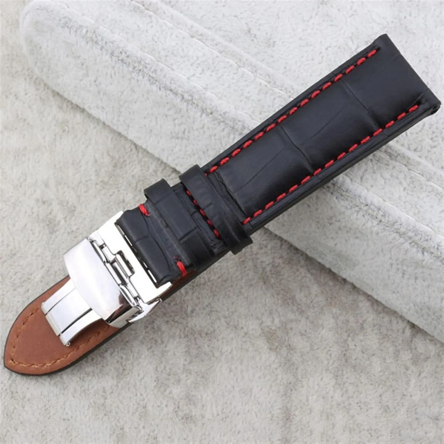 with red stitches watchband 18mm 19mm 20mm 21mm 22mm 23mm 24mm watchbands For identification pork radical any brand watchband Genuine Leather Strap Black 