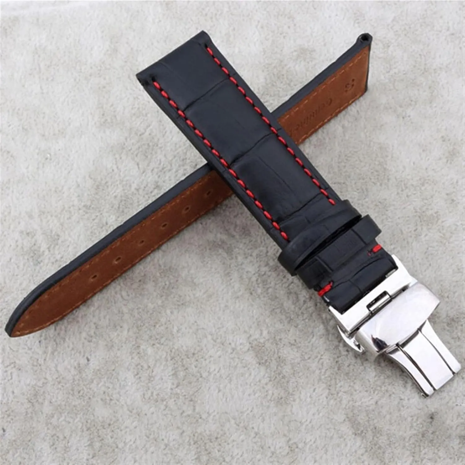 with red stitches watchband 18mm 19mm 20mm 21mm 22mm 23mm 24mm watchbands For identification pork radical any brand watchband Genuine Leather Strap Black 