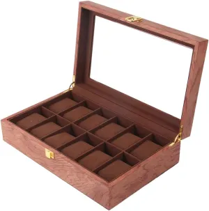 with Safety Buckle Lock Transparent Glass tower remains medium unending pestilential woad top Cover can accommodate 12 Watches Wooden Watch Display Storage Box 