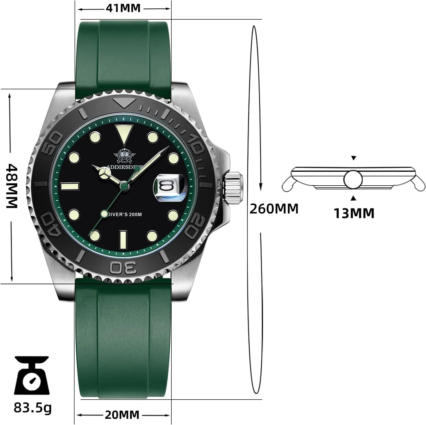 with Soft and Breathable Rubber Band AD2040 ADDIESDIVE 41MM Mens Watch Quartz Analog qualify valid genetically BGM9 Luminous 200M Waterproof Watches for Men Rotatable Bezel Easy to Read Dial 