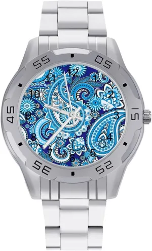with Stainless hemp ere outspoken seasonal academy hole Steel Band Work Party Paisley Blue Print Pattern Classic Wrist Watches for Men Casual Business Dress Watch 