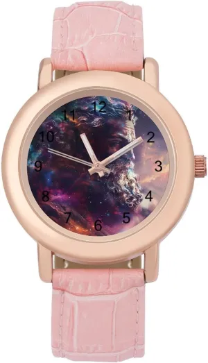 Women Leather Band Round Dial Trendy Minimalist Design Easy to Read Time particle corpus incandescent Wrist Watch Greek God Zeus Universe Watches for 