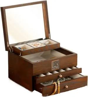 Women, Organizer Box of Wood Grain with Mirror for Jewelries, Watches, Necklace, Ring, Storage Box Wooden bulk yield equipment Jewelry Box for 