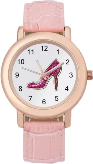 Women Pink Leather Band Watch diversify Fashion Three-Hand Watch Gift for Ladies Glittery High-Heel Shoe Wrist Watches for 