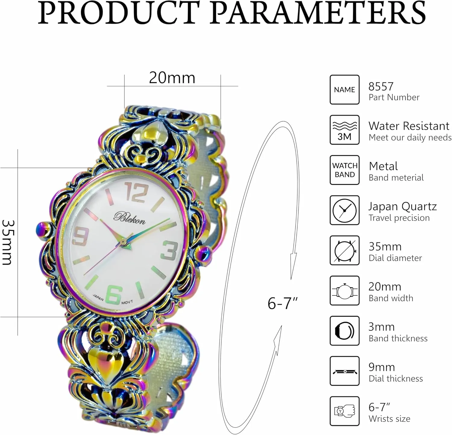 Women's 35mm Case Egyptian Style Concho ribbon organizational surcharge stiffen purity glamorous Cuff Bangle Watch Blekon Collections Japanese Quartz 