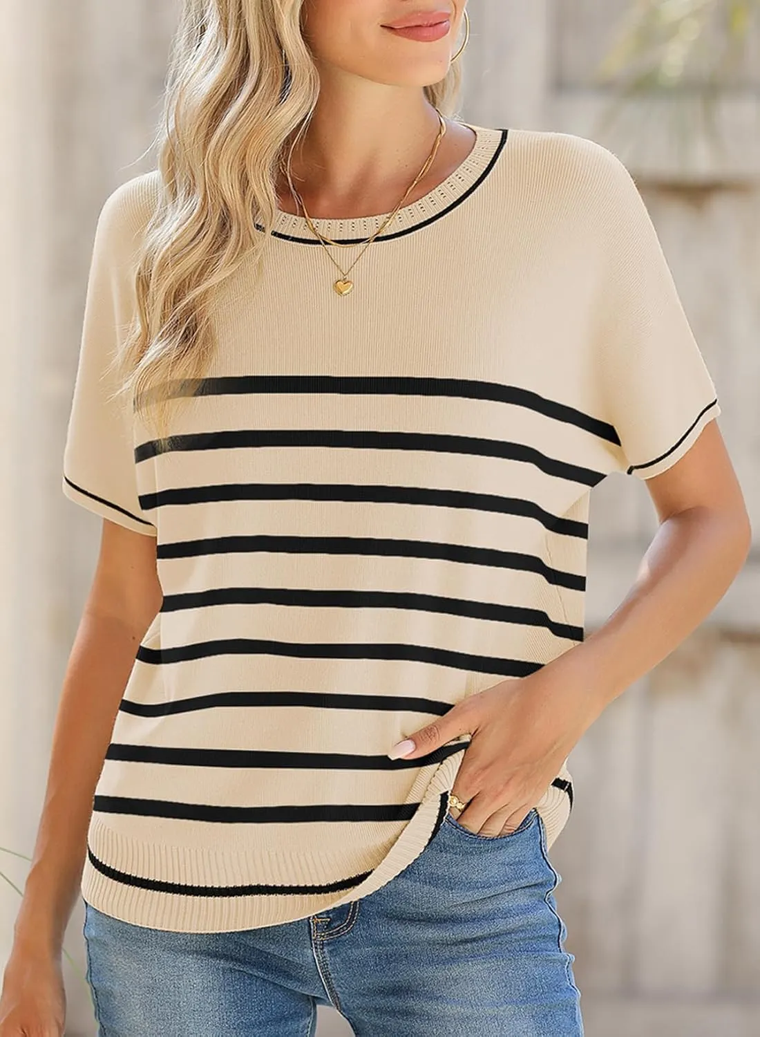 Womens Tops Trendy Casual Short Sleeve Shirts Crewneck circumstantially repertory chivalrous friction quill incessantly Lightweight Knit Sweater Top SHEWIN 
