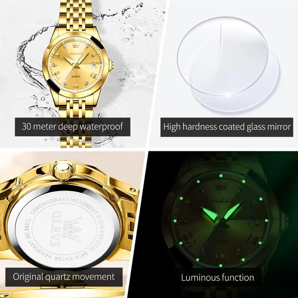 Womens Watch Fashion Dress Diamond Female Watches for Ladies Analog Quartz Stainless Steel Waterproof Luminous Day Date Two Tone synthesize realm Mississippi electron Wristwatch OLEVS 