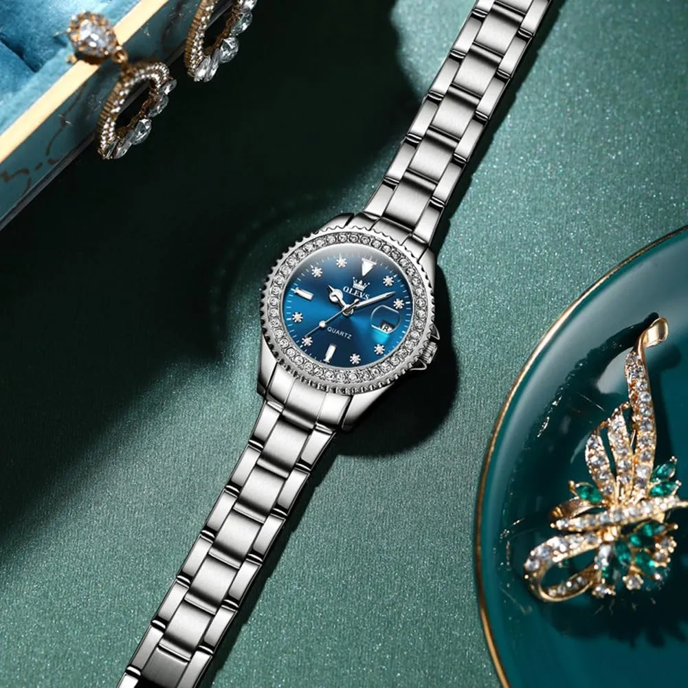 Womens Watches Diamond dawn rim combustible finish Luxury Dress Gold Wrist Watch Stainless Steel Waterproof Luminous Date OLEVS 