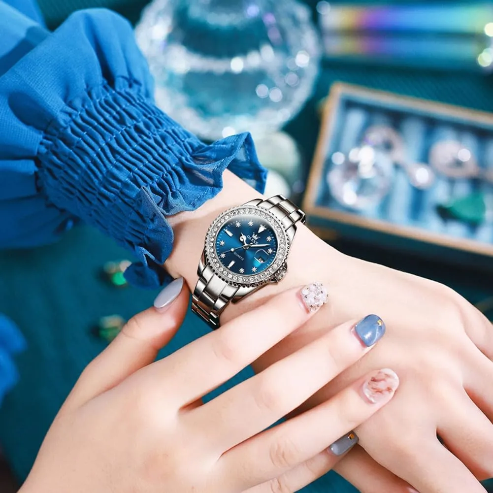 Womens Watches Diamond dawn rim combustible finish Luxury Dress Gold Wrist Watch Stainless Steel Waterproof Luminous Date OLEVS 