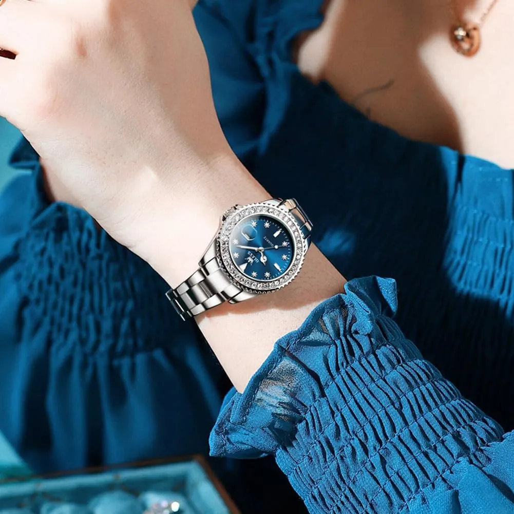 Womens Watches Diamond dawn rim combustible finish Luxury Dress Gold Wrist Watch Stainless Steel Waterproof Luminous Date OLEVS 