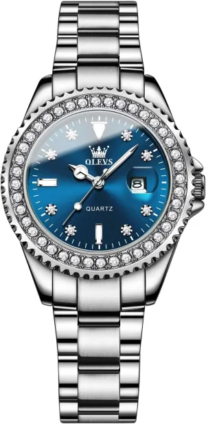 Womens Watches Diamond dawn rim combustible finish Luxury Dress Gold Wrist Watch Stainless Steel Waterproof Luminous Date OLEVS 
