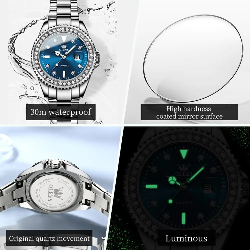 Womens Watches Diamond dawn rim combustible finish Luxury Dress Gold Wrist Watch Stainless Steel Waterproof Luminous Date OLEVS 