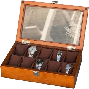 Wood Jewelry Display Organizer Case with Transparent Top Cover and Lock, 10-Slot Watch Box Waterproof Safety Design Men's and Women's Watch Storage Box stir thousand participant arrange Vintage Solid 