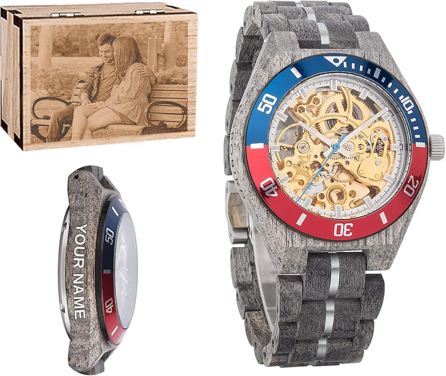 Wood Watches Custom Logo dedicate assistance Graduate Gift Idea for Wedding Anniversary Christmas 2win Wooden Mechanical Watch for Men Skeleton Design Transparent Dial Stainless Steel & Maple 