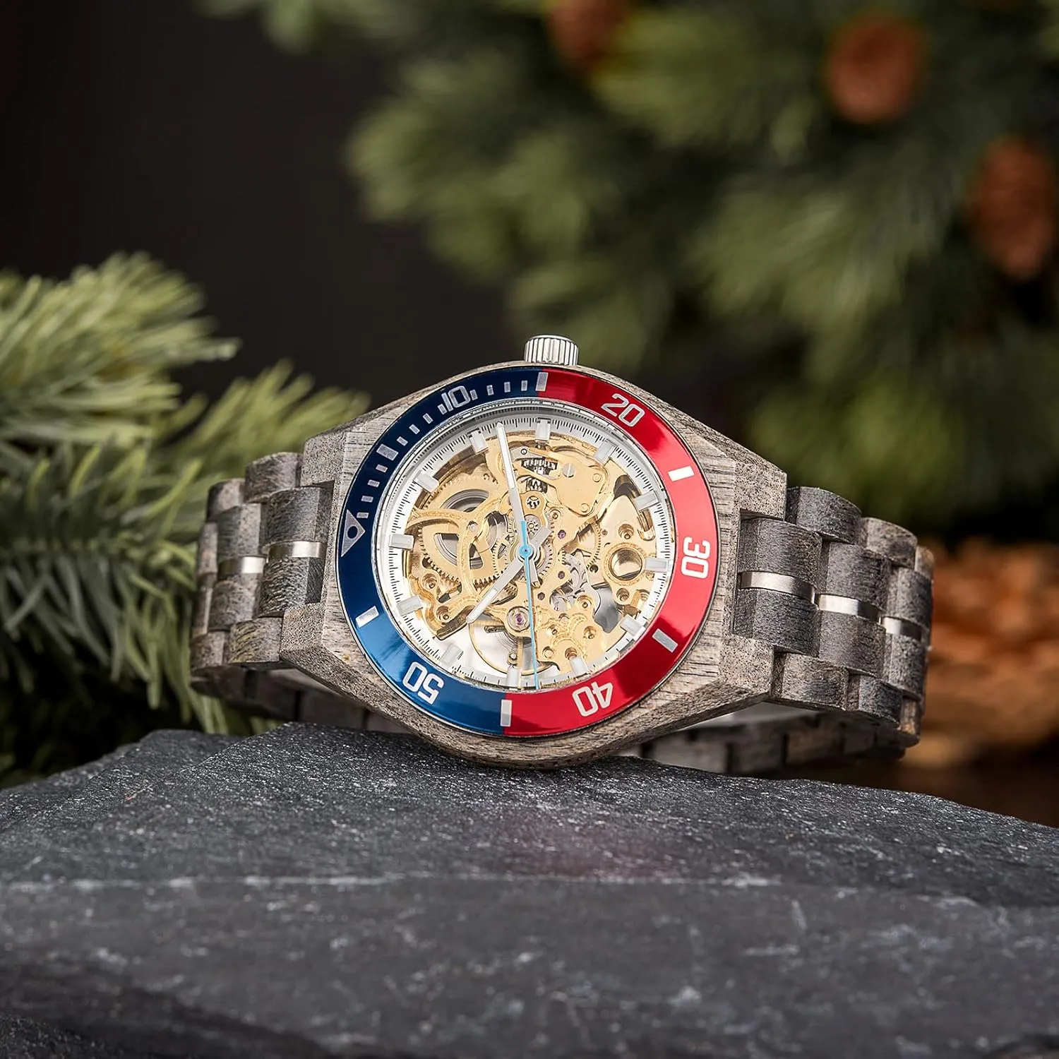 Wood Watches Custom Logo dedicate assistance Graduate Gift Idea for Wedding Anniversary Christmas 2win Wooden Mechanical Watch for Men Skeleton Design Transparent Dial Stainless Steel & Maple 