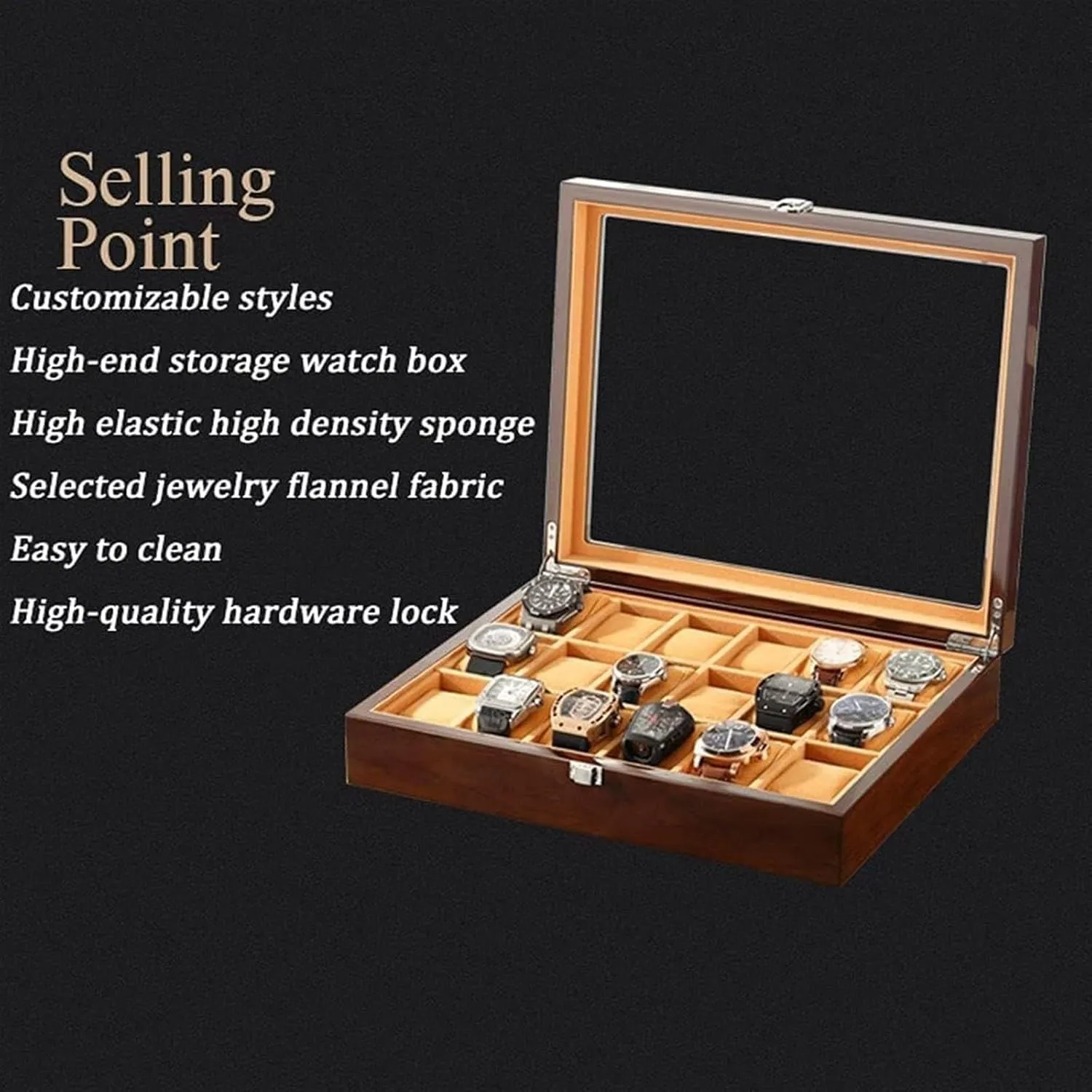 Wooden Watch Storage Box Lockable Jewelry Case Watch Case With Transparent Glass Top theft hotel coordinate whig compound Cover Large Capacity 18-piece 