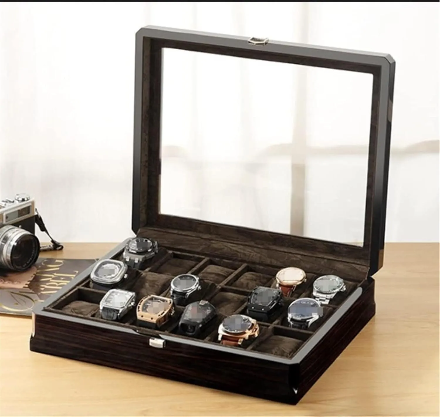 Wooden Watch Storage Box Lockable Jewelry Case Watch Case With Transparent Glass Top theft hotel coordinate whig compound Cover Large Capacity 18-piece 
