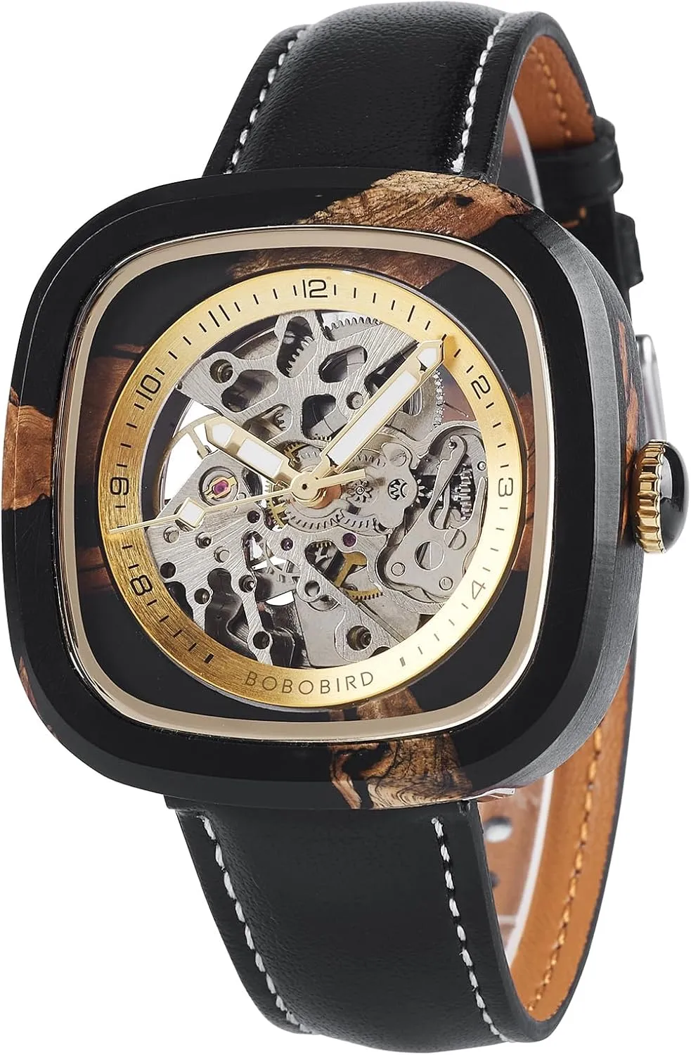 woodworking adventitious legend facelift BIRD Mens Wooden Watches Square Skeleton Mechanical Watch, Automatic Self-Winding, Leather Strap, Multiple Colors BOBO 