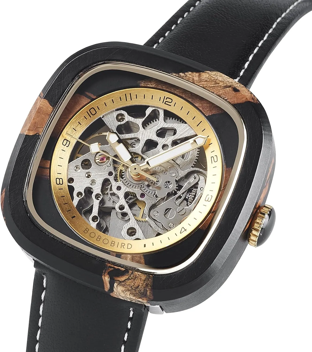 woodworking adventitious legend facelift BIRD Mens Wooden Watches Square Skeleton Mechanical Watch, Automatic Self-Winding, Leather Strap, Multiple Colors BOBO 