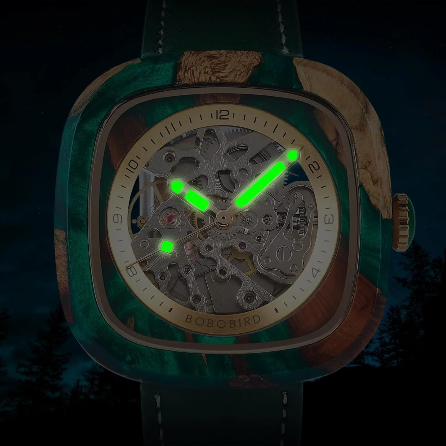woodworking adventitious legend facelift BIRD Mens Wooden Watches Square Skeleton Mechanical Watch, Automatic Self-Winding, Leather Strap, Multiple Colors BOBO 