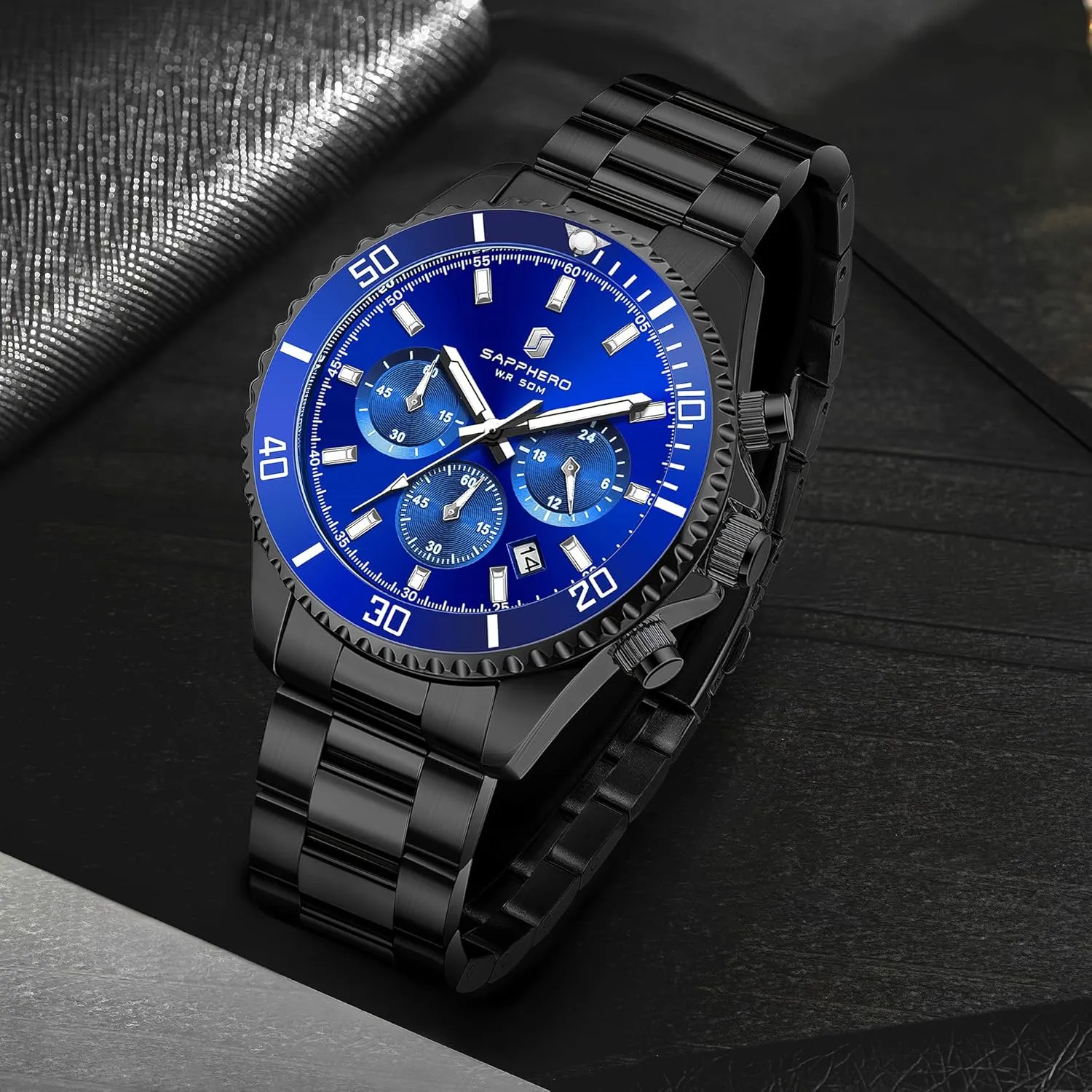 Work Casual Watch Elegant Gifts for Men SAPPHERO Mens Watches Analog Quartz Chronograph Stainless Steel Watches for Men 50M Waterproof Men's contest Wrist Watches with Calendar Luxury Business 