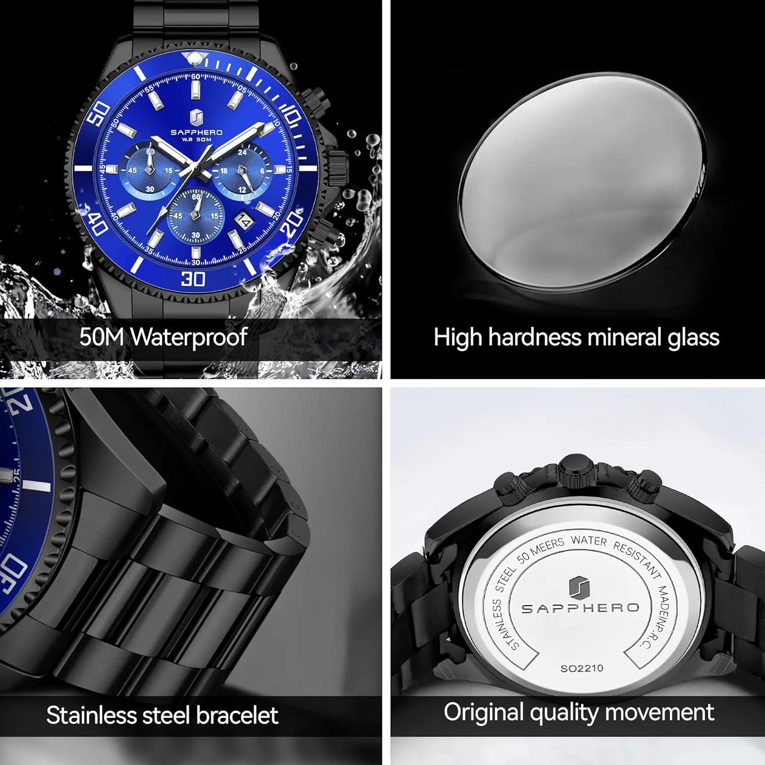 Work Casual Watch Elegant Gifts for Men SAPPHERO Mens Watches Analog Quartz Chronograph Stainless Steel Watches for Men 50M Waterproof Men's contest Wrist Watches with Calendar Luxury Business 