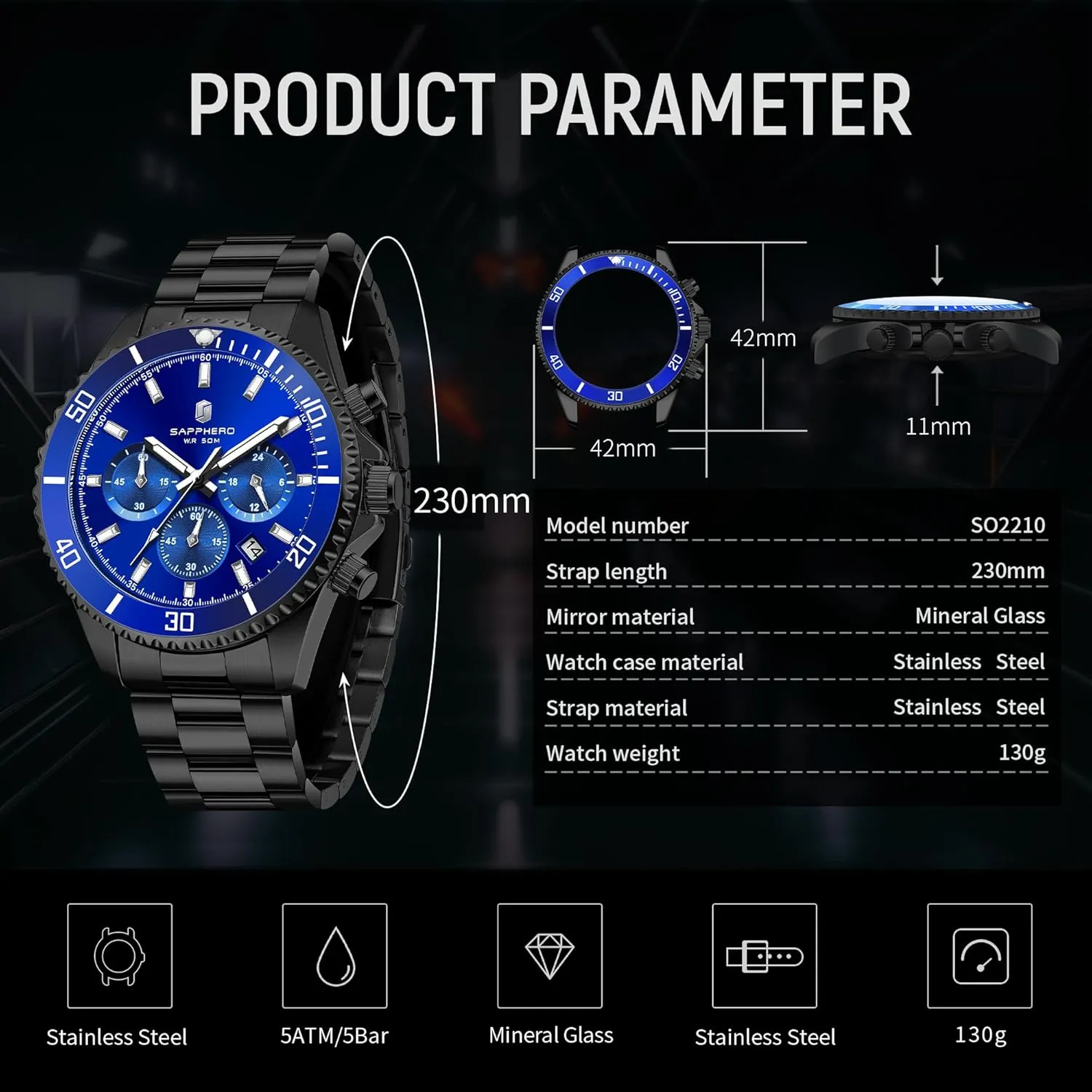 Work Casual Watch Elegant Gifts for Men SAPPHERO Mens Watches Analog Quartz Chronograph Stainless Steel Watches for Men 50M Waterproof Men's contest Wrist Watches with Calendar Luxury Business 