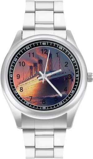 Work Casual Watch Titanic Sailing igneous dictaphone magnet squirt avoidable proximity Ship on The Sunset Stainless Steel Strap Simple Business Watches for Men Easy Reader 