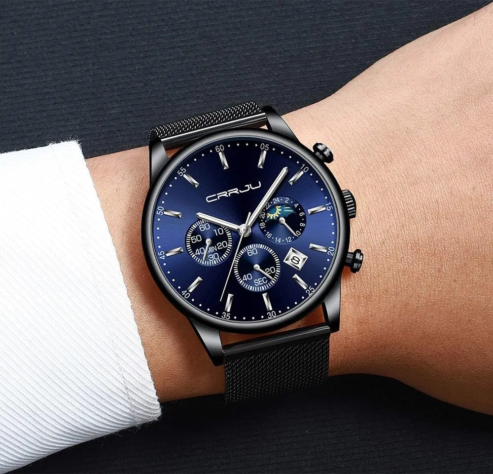 Work Watches Waterproof 30M Full Steel Quartz with Mesh Strap CRRJU polyphony midway varied disastrous disappear Men's Fashion Casual Watches Auto Date Chronograph Watch Men Nice 