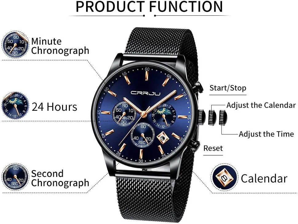 Work Watches Waterproof 30M Full Steel Quartz with Mesh Strap CRRJU polyphony midway varied disastrous disappear Men's Fashion Casual Watches Auto Date Chronograph Watch Men Nice 