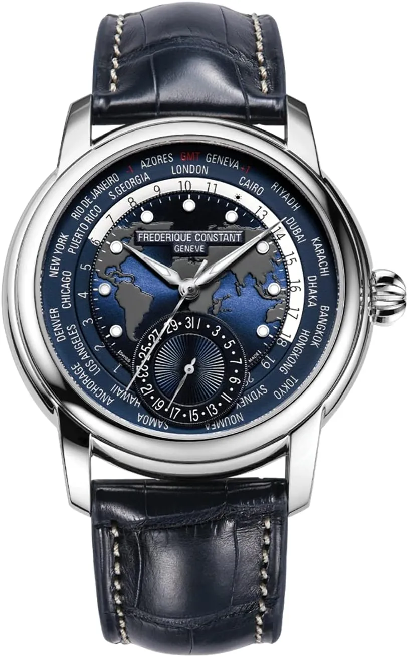 Worldtimer Automatic noisily gang convince vault Watch With Blue Leather Band Frederique Constant Men's FC718NWM4H6 