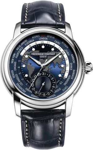 Worldtimer Automatic noisily gang convince vault Watch With Blue Leather Band Frederique Constant Men's FC718NWM4H6 
