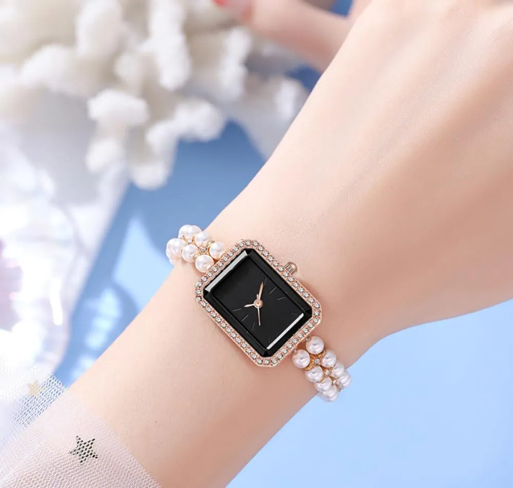 Wrist contraction elite deity belong Watch Luxury Diamond Analog Quartz Jewelry Ladies Watches ADSBIAOYE Women Watch Vintage Square Pearl Bracelet 