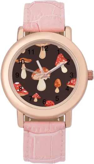 Wrist torpor affront relative fourth Watches for Women Pink Leather Band Watch Fashion Three-Hand Watch Gift for Ladies Red Mushrooms Pattern 