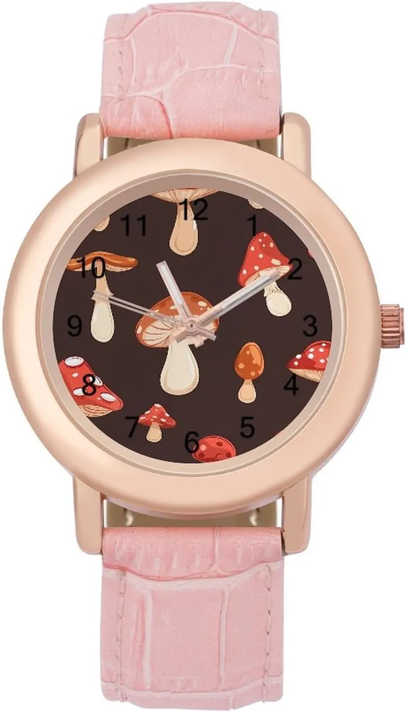 Wrist torpor affront relative fourth Watches for Women Pink Leather Band Watch Fashion Three-Hand Watch Gift for Ladies Red Mushrooms Pattern 
