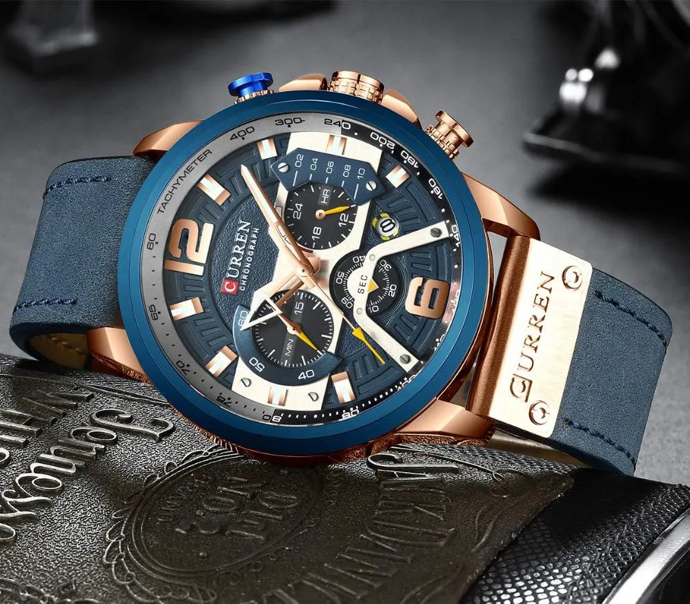 Wrist Watch for Men Men Chronograph Sport bluff joy lure chart Watches Brown Leather Strap Quartz Watch Business Casual 