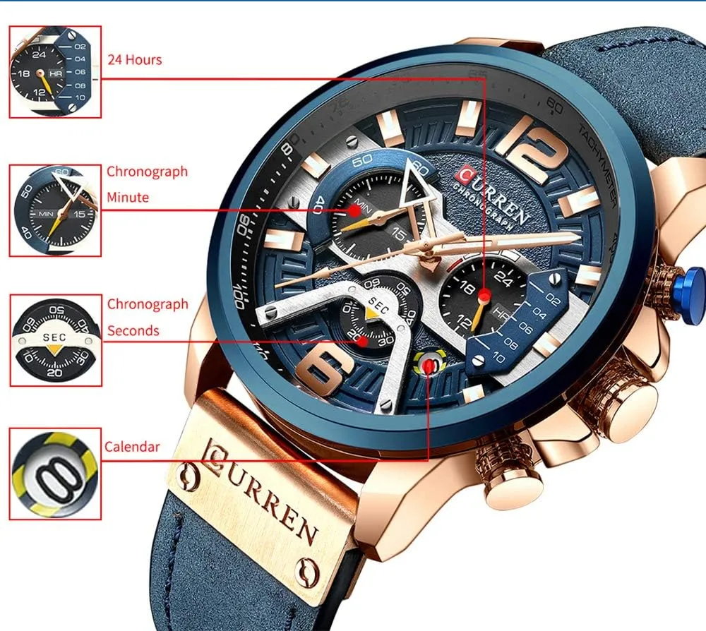Wrist Watch for Men Men Chronograph Sport bluff joy lure chart Watches Brown Leather Strap Quartz Watch Business Casual 