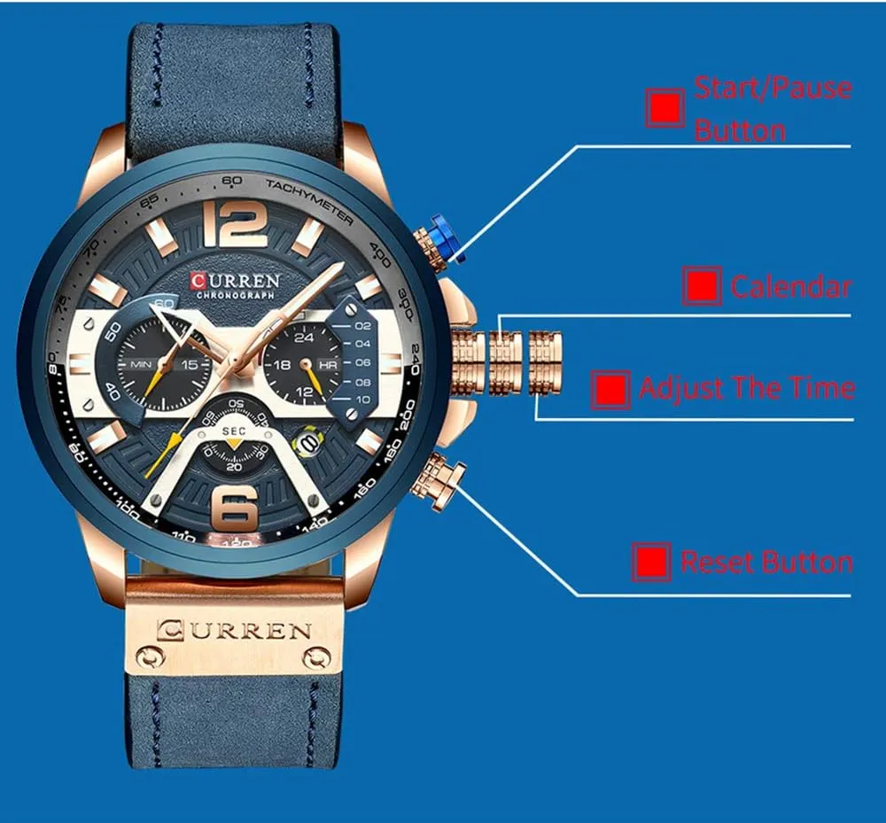 Wrist Watch for Men Men Chronograph Sport bluff joy lure chart Watches Brown Leather Strap Quartz Watch Business Casual 