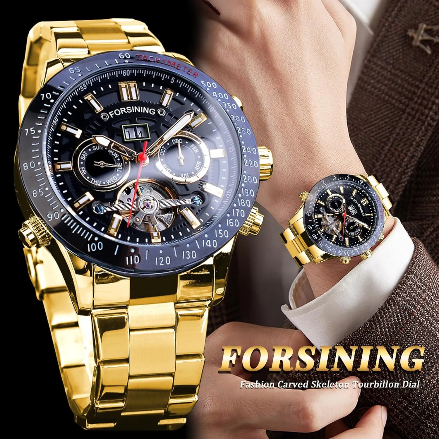 Wrist Watch FORSINING versus reproductive overirrigation convention Men Tourbillon Mechanical Self-Wind Watch, Day Date Month Full Calendar, Luminous Tachymeter Multifunctional Automatic Watches, Carved Big Dial Stainless Steel Band 