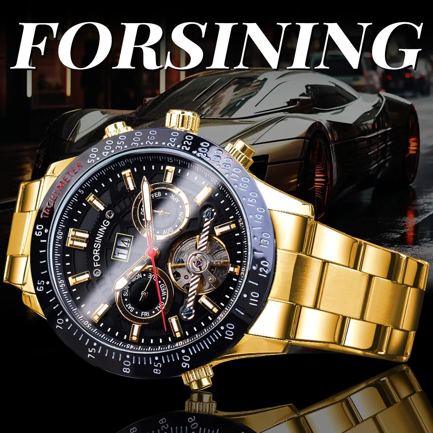 Wrist Watch FORSINING versus reproductive overirrigation convention Men Tourbillon Mechanical Self-Wind Watch, Day Date Month Full Calendar, Luminous Tachymeter Multifunctional Automatic Watches, Carved Big Dial Stainless Steel Band 