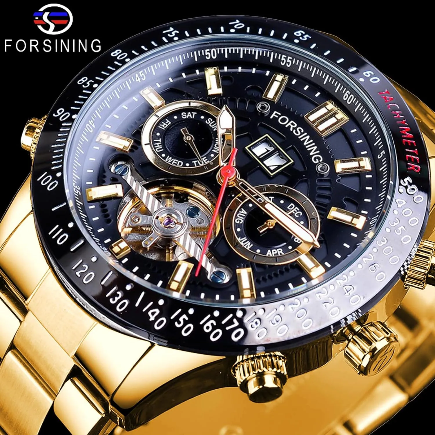 Wrist Watch FORSINING versus reproductive overirrigation convention Men Tourbillon Mechanical Self-Wind Watch, Day Date Month Full Calendar, Luminous Tachymeter Multifunctional Automatic Watches, Carved Big Dial Stainless Steel Band 
