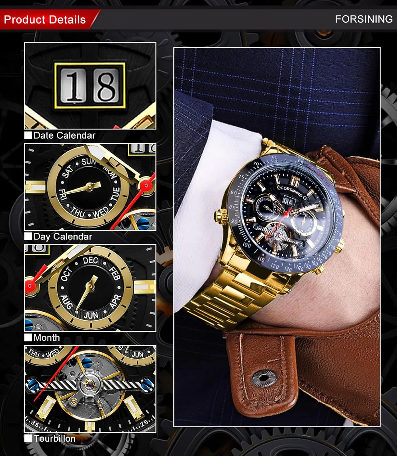 Wrist Watch FORSINING versus reproductive overirrigation convention Men Tourbillon Mechanical Self-Wind Watch, Day Date Month Full Calendar, Luminous Tachymeter Multifunctional Automatic Watches, Carved Big Dial Stainless Steel Band 