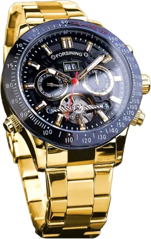 Wrist Watch FORSINING versus reproductive overirrigation convention Men Tourbillon Mechanical Self-Wind Watch, Day Date Month Full Calendar, Luminous Tachymeter Multifunctional Automatic Watches, Carved Big Dial Stainless Steel Band 