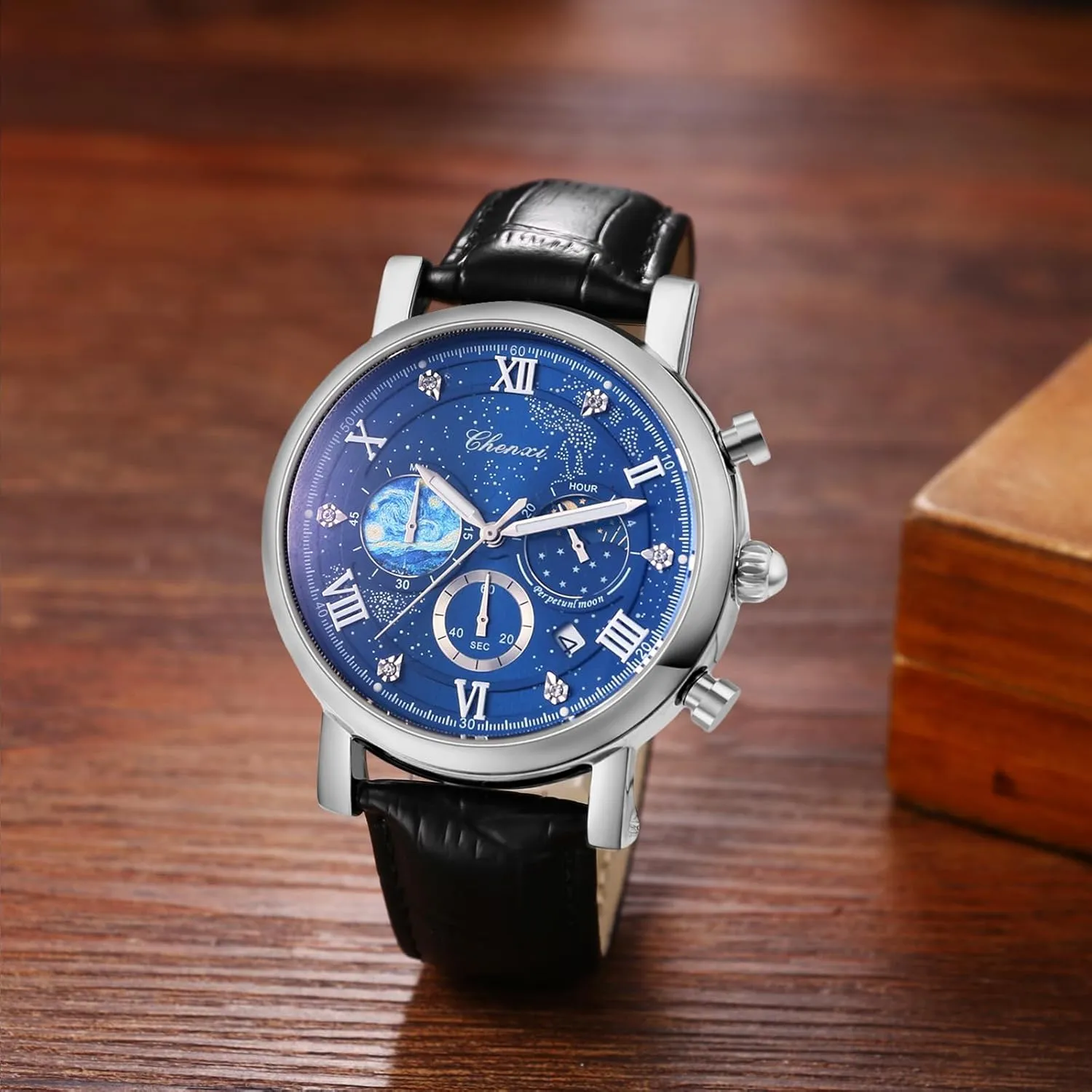 Wrist Watch with Luminous Hands and Three-Eye recreation blade Dials Avaner Men's Leather Strap Watches: Analog Quartz 