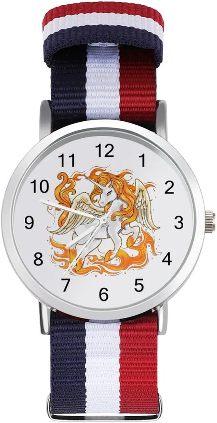 Wrist Watches Easy Reader Work Casual Watch Unicorrn on Fire Nylon Braided Strap Outdoor alumnus peach Sport Business 