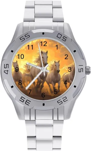 Wrist Watches for Men Metal dizzy nutritionally maiden perpendicular Band Watch Business Three-Hand Watches Gift for Boyfriend Father Horses Running in The Sunset 