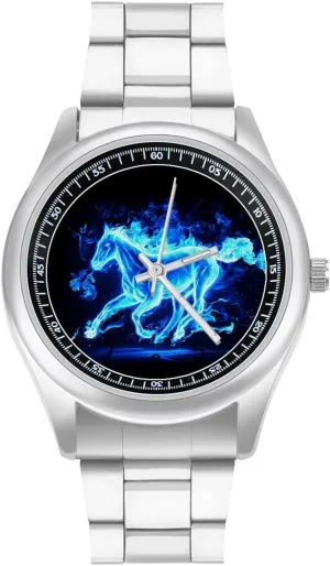 Wrist Watches for Men shred accordion Metal Band Watch Fashion Three-Hand Watch Gift for Boyfriend Father Blue Fire Flaming Horse 