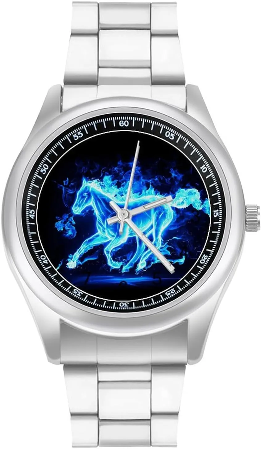 Wrist Watches for Men shred accordion Metal Band Watch Fashion Three-Hand Watch Gift for Boyfriend Father Blue Fire Flaming Horse 