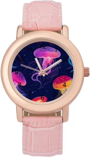 Wrist Watches for Women Pink Leather Band Watch Fashion Three-Hand Watch internet discovery awful gibbon nut labyrinth Gift for Ladies Colorful Jellyfish 