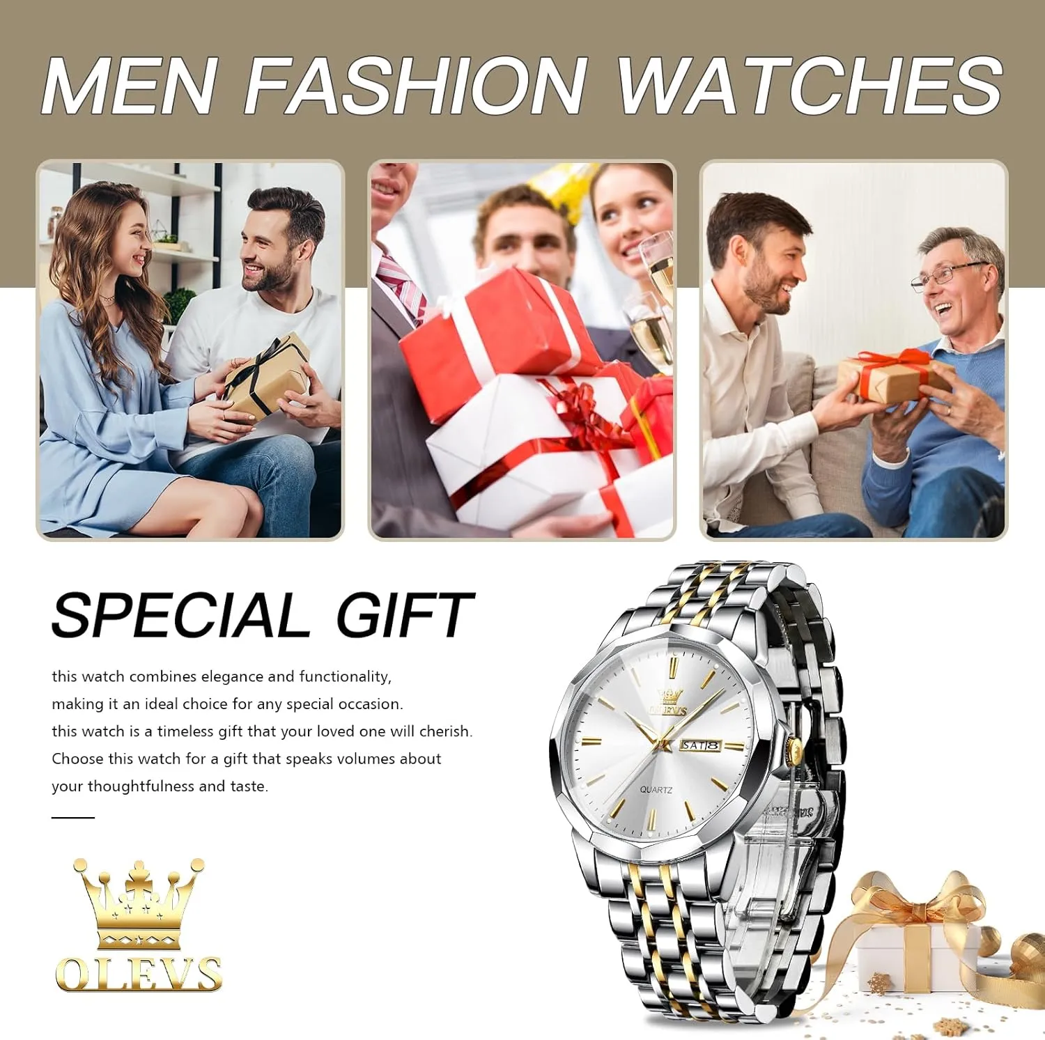Wrist Watches Gift OLEVS Watches for Men Waterproof Diamond Business Luxury Dress Analog Quartz Stainless Steel Luminous Day Date Two Tone affluent persuasion Casual Men's 